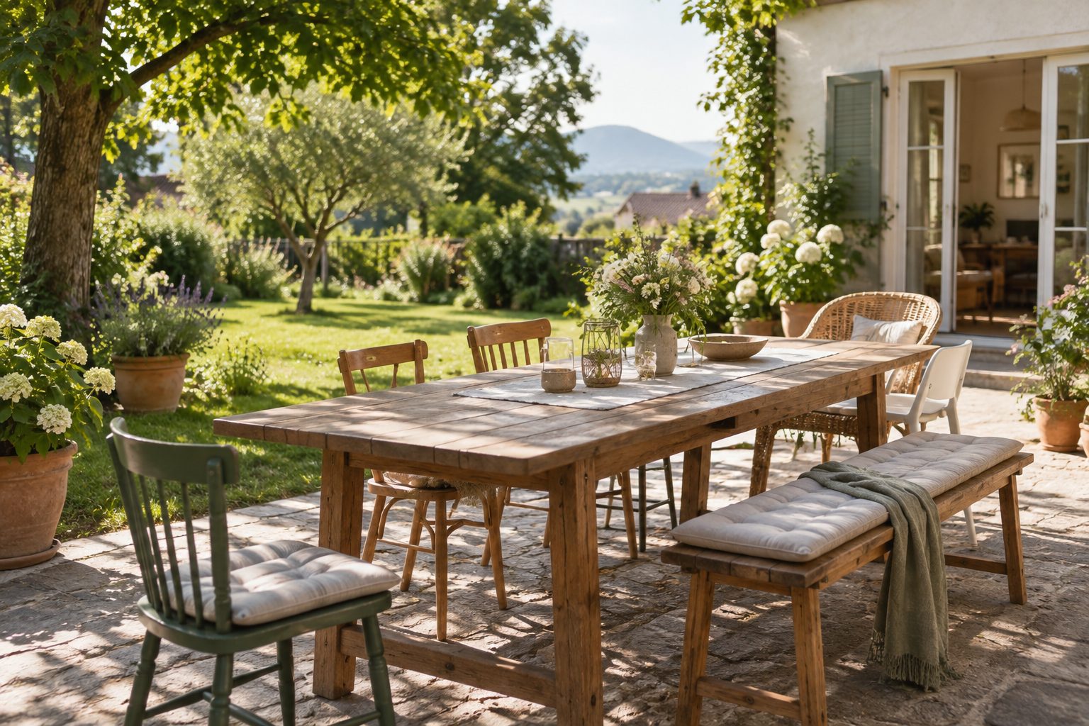 Lange gedeckte Gartentafel vor einem Familienhaus ohne Personen